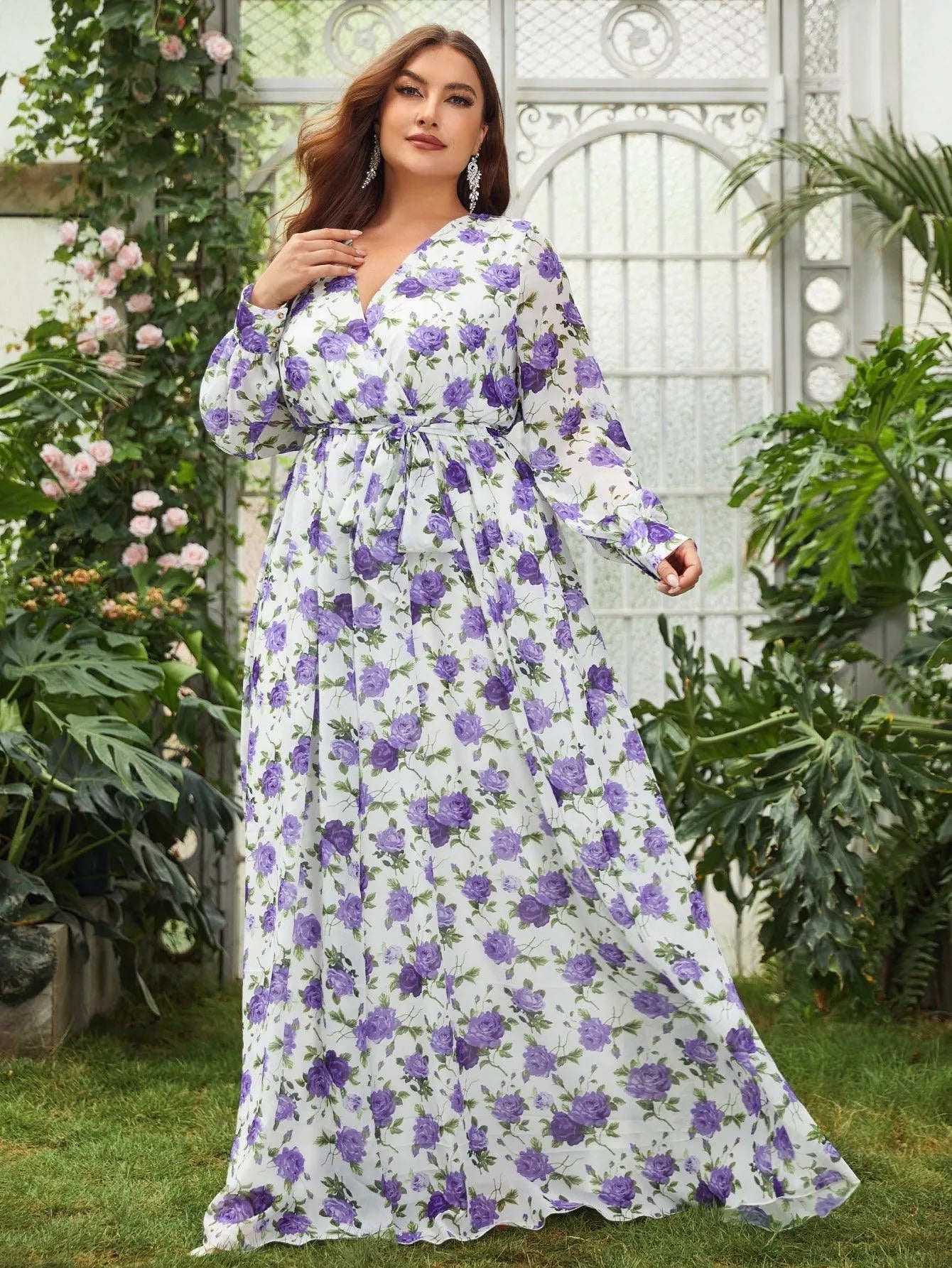 Plus Surplice Neck Floral Chiffon Belted Dress – Curvepretty