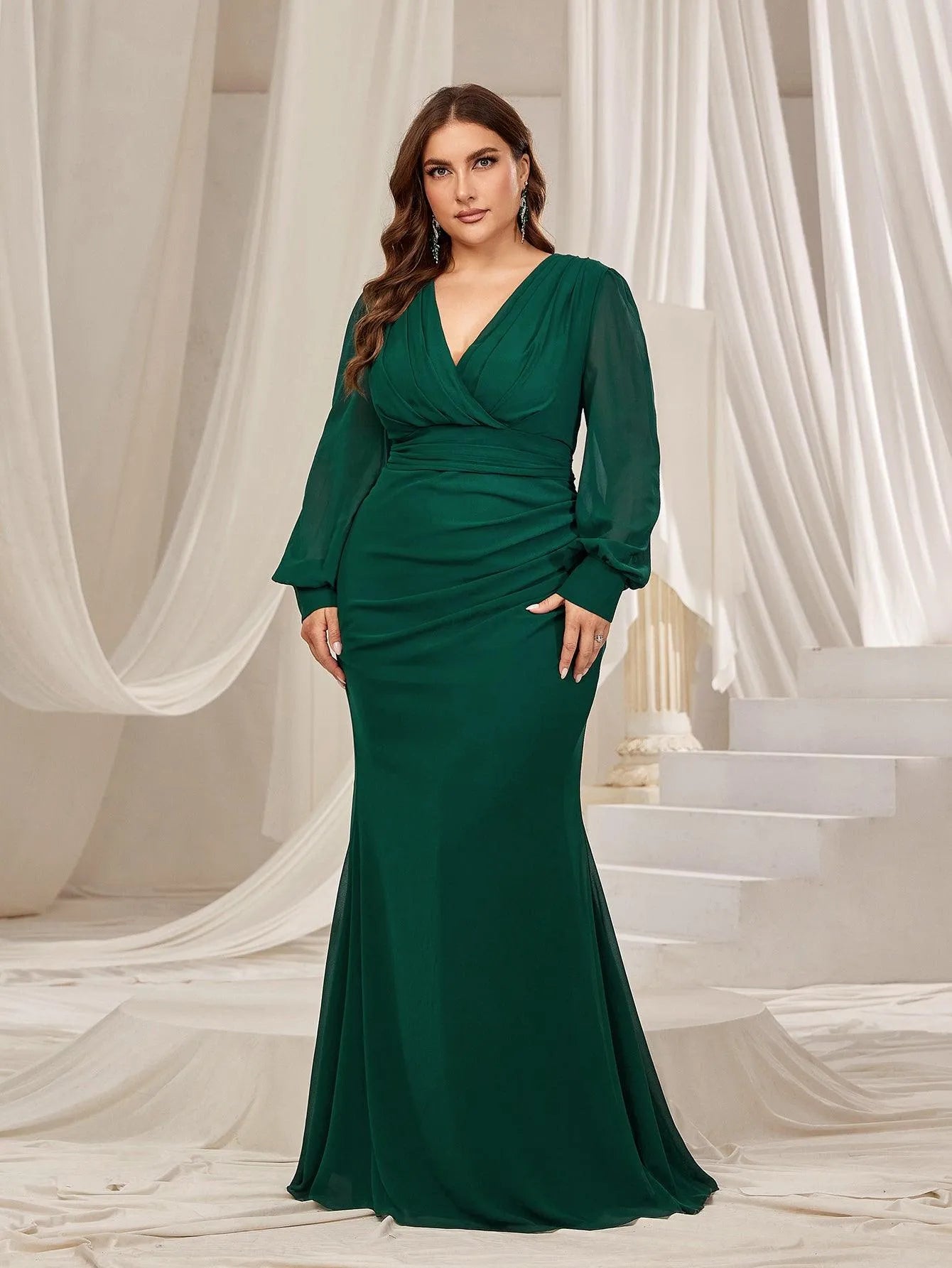 Plus Surplice Neck Lantern Sleeves Chiffon Formal Mermaid Dress - Elonnashop