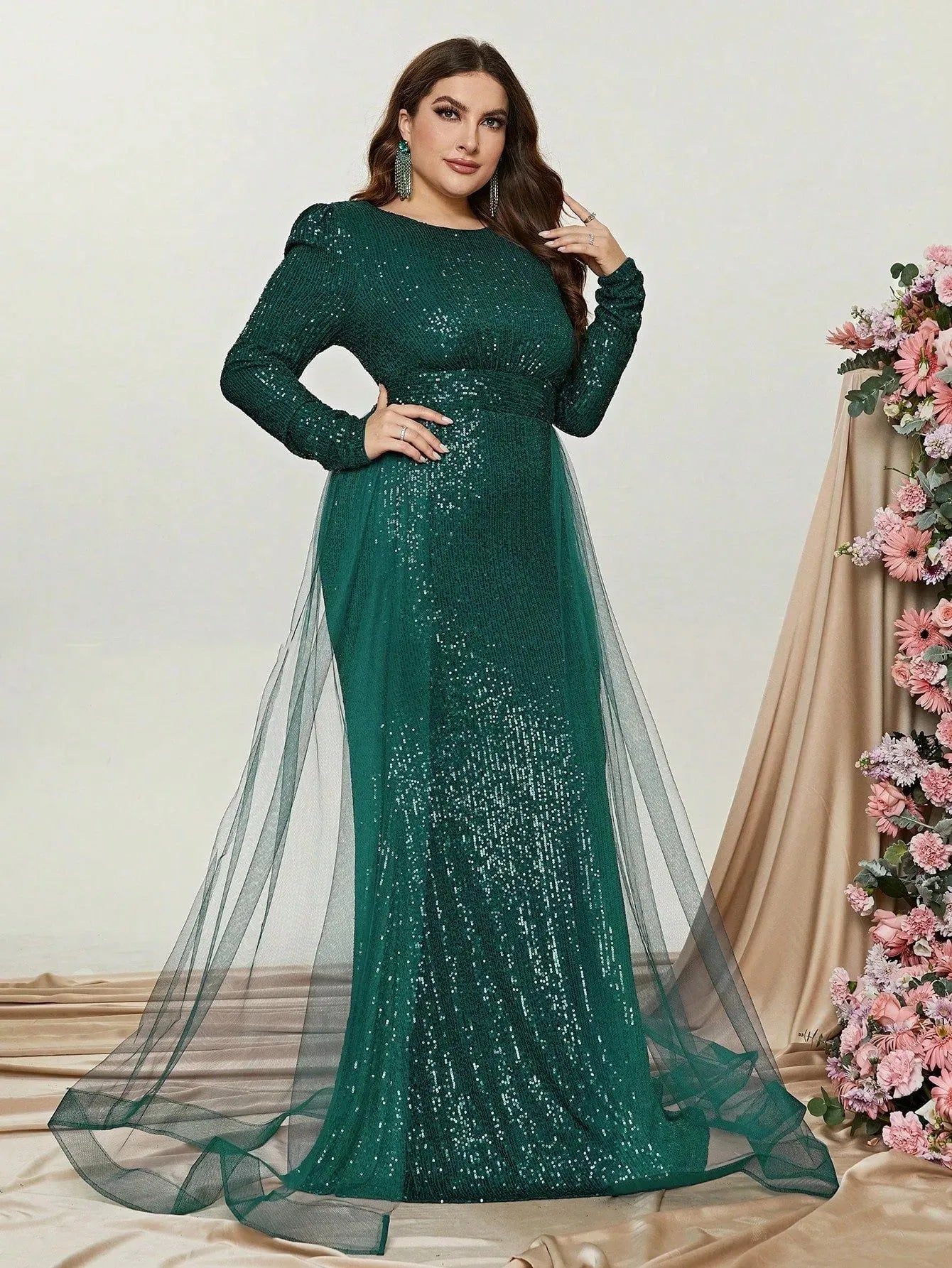 Elegant Long Sleeves Sequin Mermaid Dresses With Mesh Layered On Waist