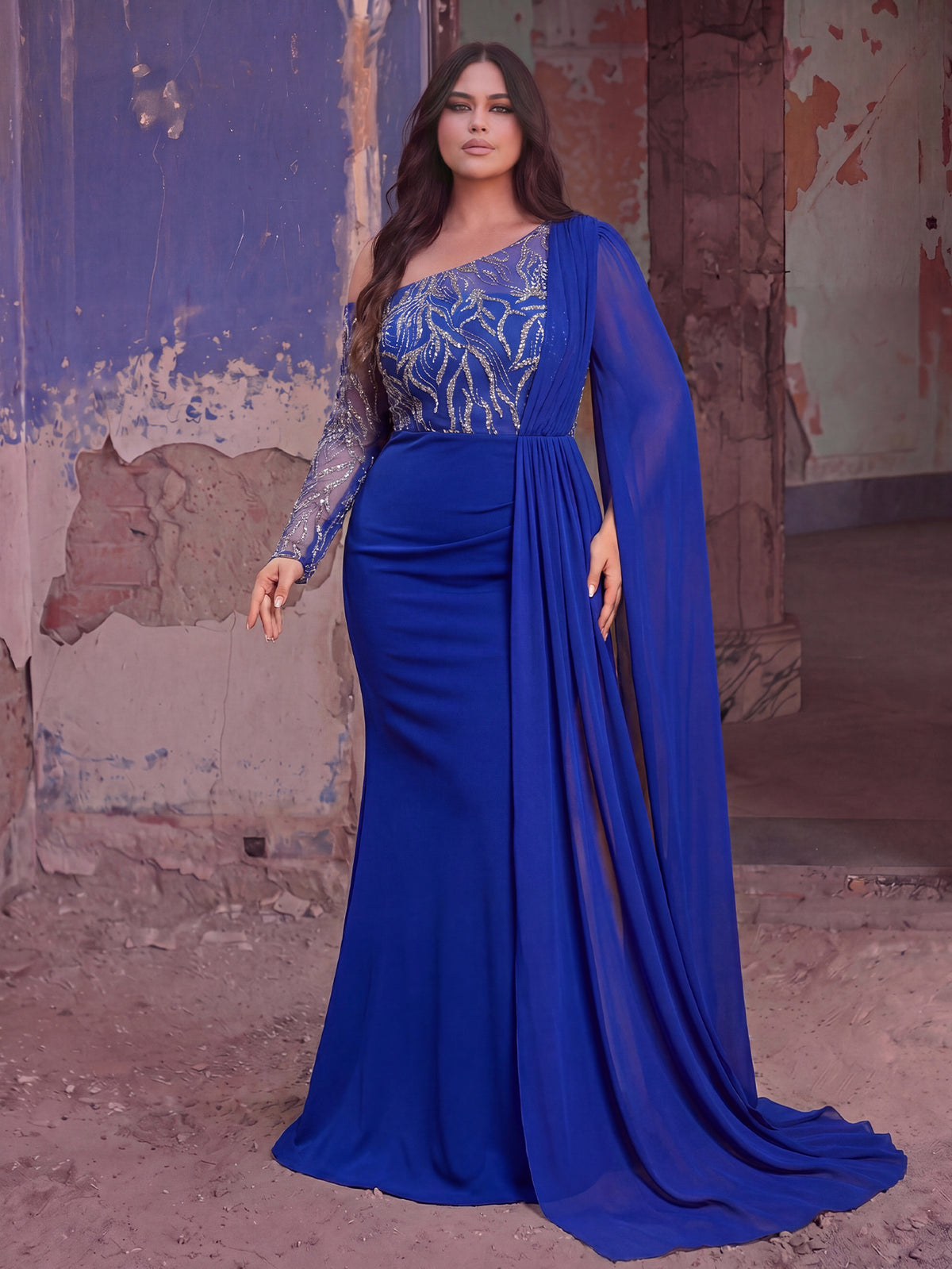 Plus Luxury Sequin One Shoulder Cape Evening Gown | Asymmetric Neckline Maxi Dress with Flowy Sleeves | Formal Party & Prom Dress
