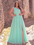 Plus Chiffon One Shoulder Slit Maxi Dress | Asymmetric Neckline Flowy Evening Gown with Side Leg Slit | Formal Party & Prom Dress
