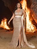 Plus Elegant Sequin Gown with High Slit & Draped Train – Luxury Evening Wear for Red Carpet, Gala Dinners & Luxury Weddings, 1XL-3XL