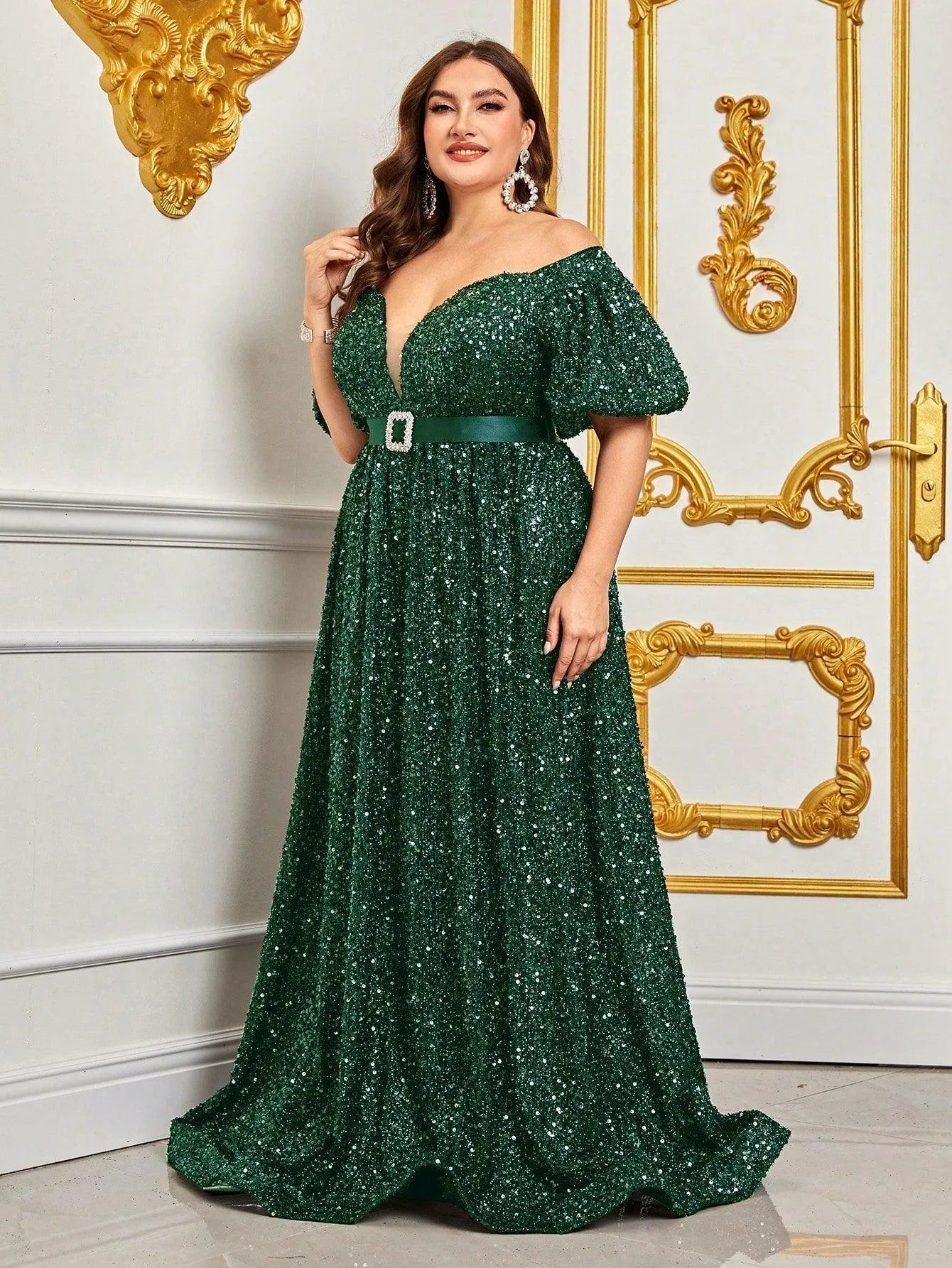 Plus Off Shoulder Puff Sleeves Sequin Formal Dress Black / 1XL Plus Off Shoulder Puff Sleeves Sequin Formal Dress Black / 1XL