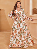 Plus V Neck Long Sleeve Floral Chiffon Dresses - Elonnashop