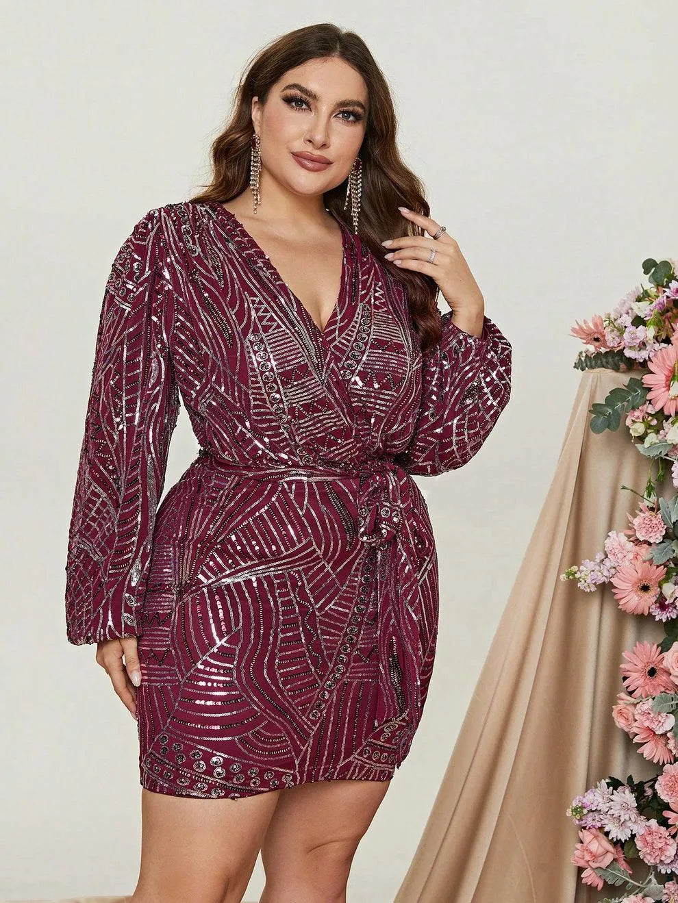 Plus Surplice Neck Lantern Sleeve Sequin Belted Dress - Elonnashop