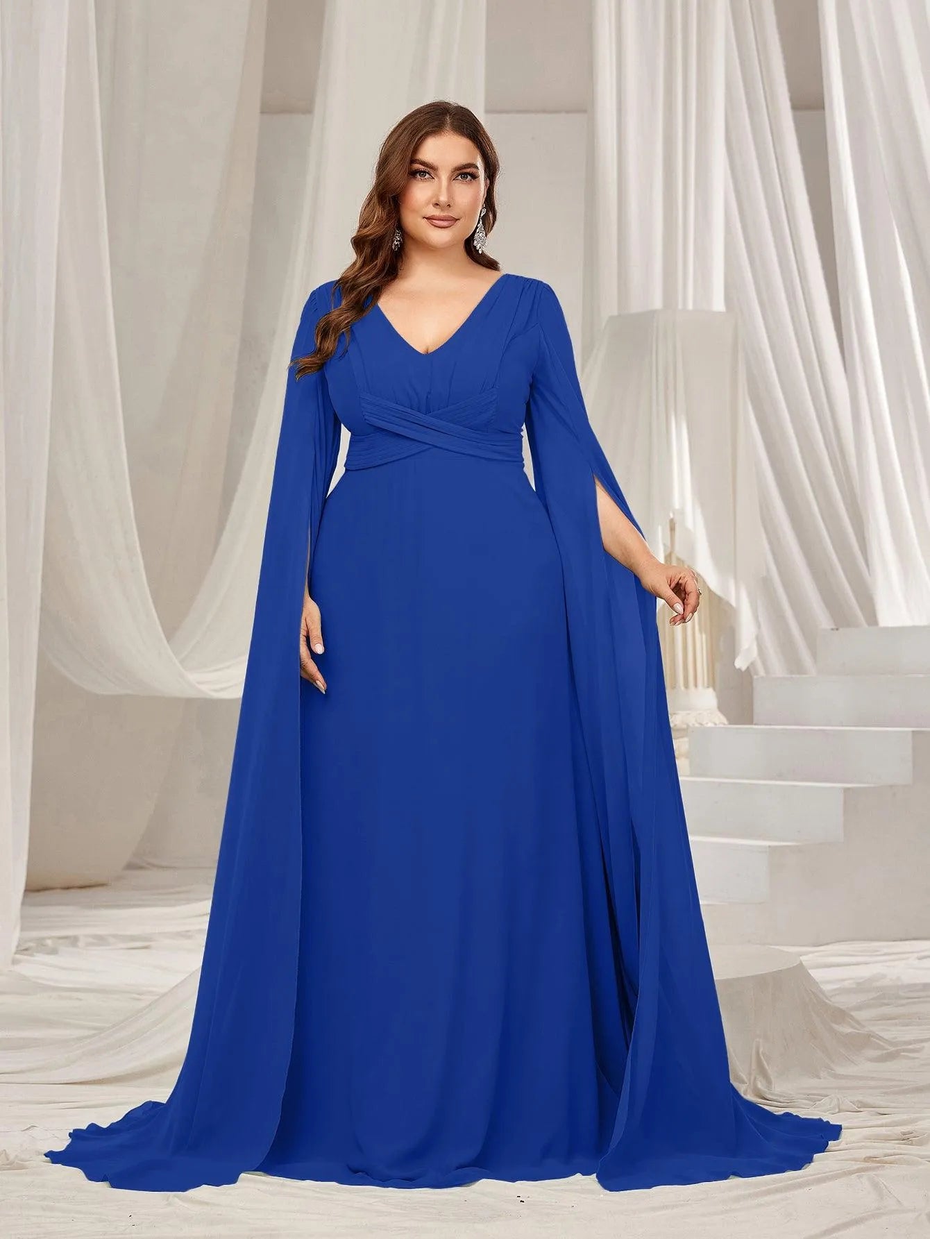 Plus Solid Ruched Front Extra-Long Sleeves Chiffon Prom Dress Green / 2XL Plus Solid Ruched Front Extra-Long Sleeves Chiffon Prom Dress Green / 2XL