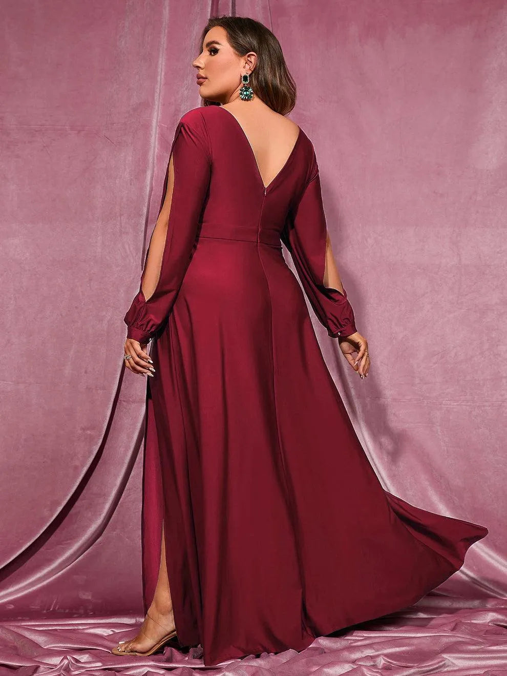 plunging neck high slit dress Sequin Plunge Neck High Slit Fitted Gown 47793