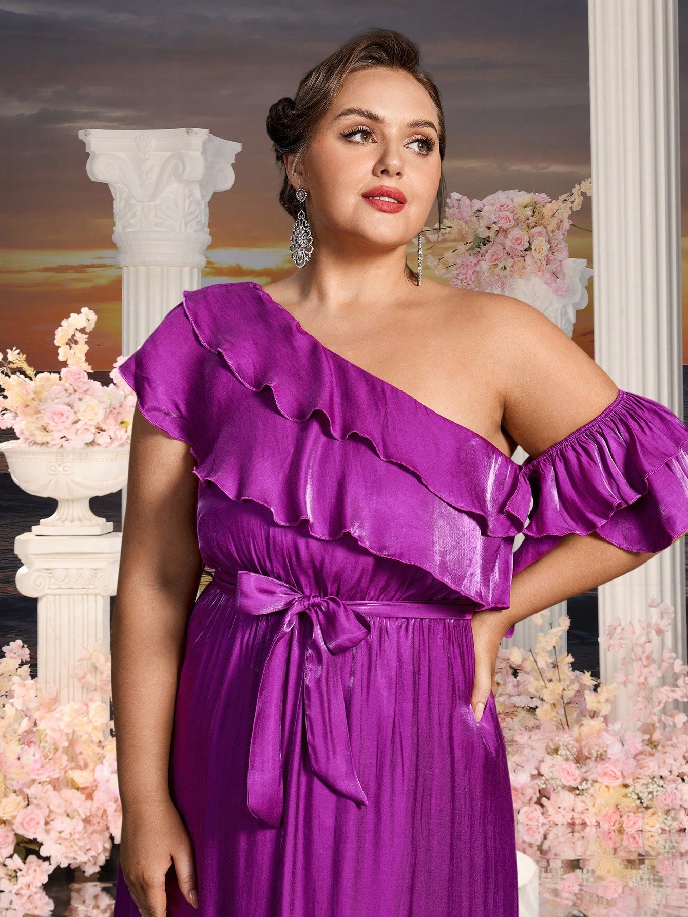 Plus Womens' Asymmetrical One Shoulder Chiffon A Line Dresses Purple / 3XL Plus Womens' Asymmetrical One Shoulder Chiffon A Line Dresses Purple / 3XL