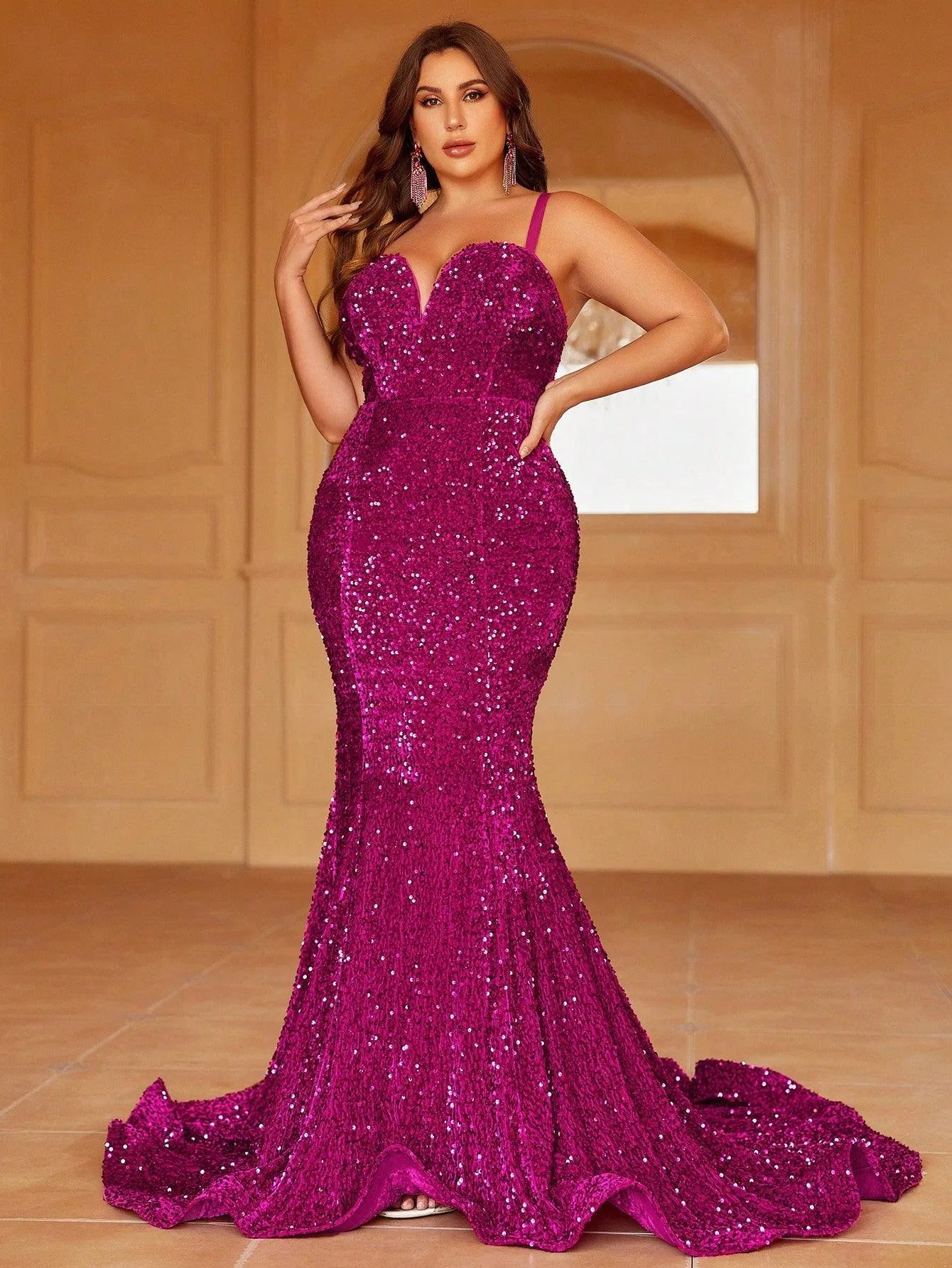 Plus Size Spaghetti Strap Sequin Mermaid Dresses - Elonnashop