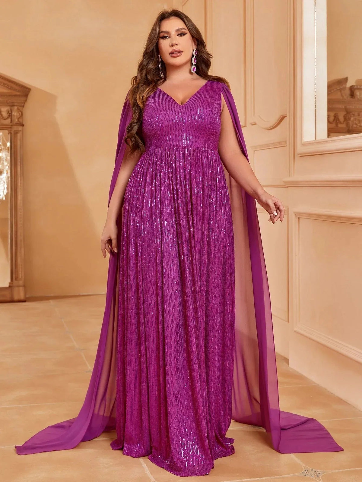 Plus V Neck Cloak Sleeve Sequin A Line Dresses