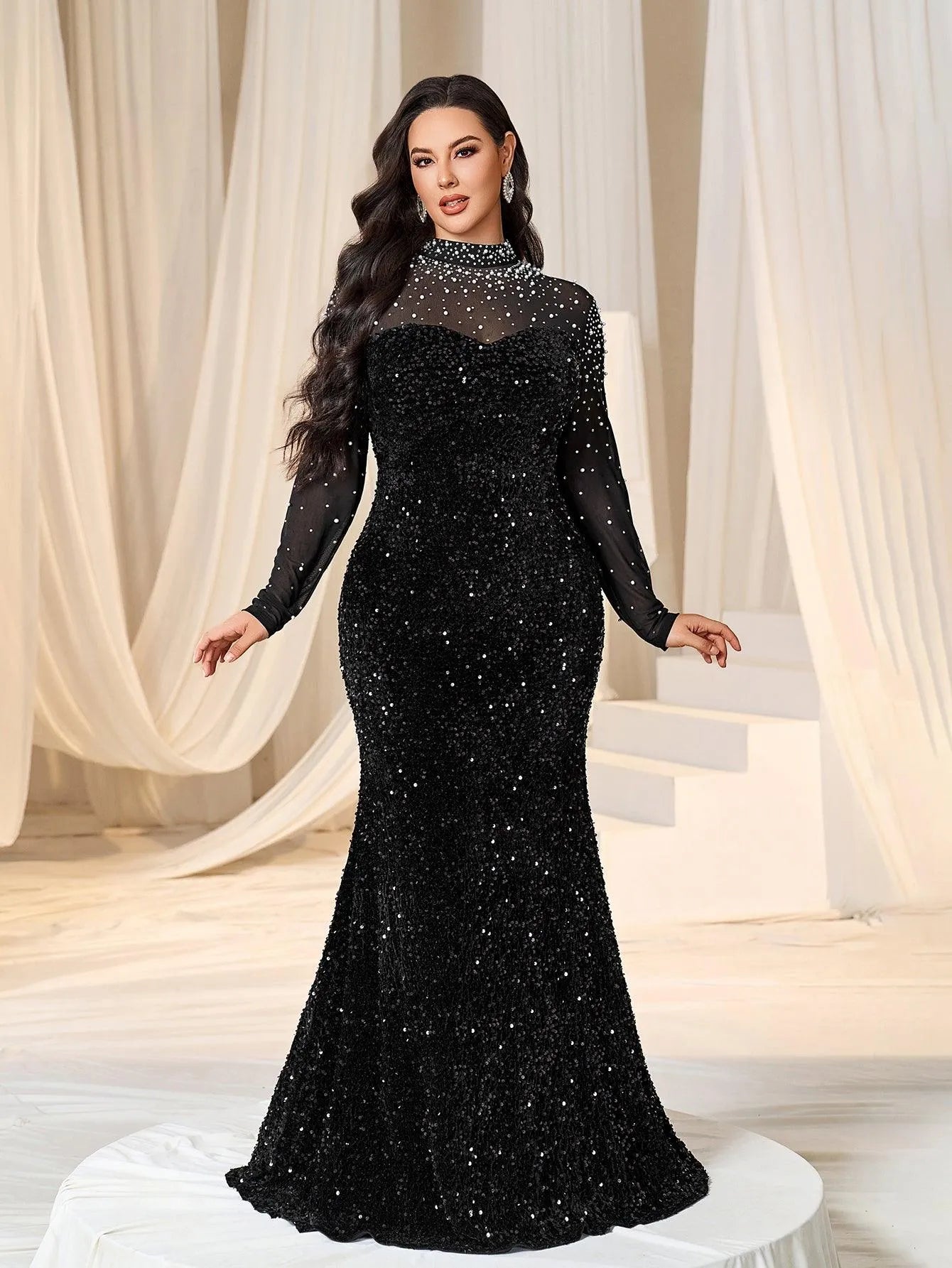 mermaid pearl sequin dress Beautiful Off-the-Shoulder Long Sleeves Prom Dress Mermaid Pearls With Beads