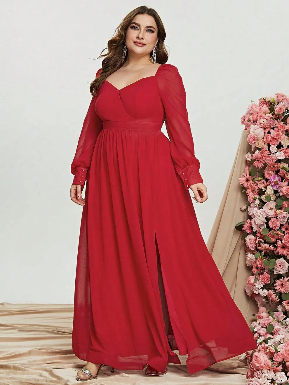 Plus Sweetheart Neck Backless Long Sleeve Chiffon A line Dress - Elonnashop