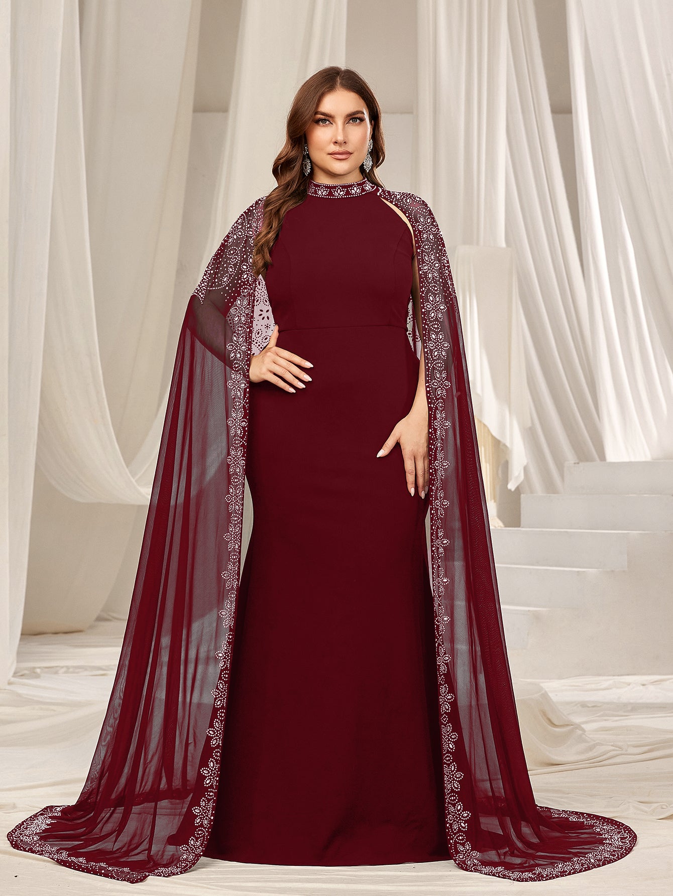 Plus Rhinestone Detail Mock Neck Mermaid Hem Formal Cape Dress Burgundy / 5XL Plus Rhinestone Detail Mock Neck Mermaid Hem Formal Cape Dress Burgundy / 5XL