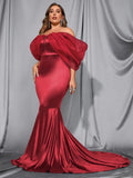 Plus Off Shoulder Cap Sleeves Satin Mermaid Dress