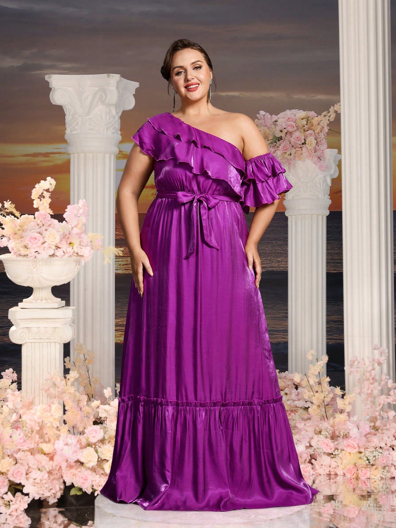Plus Womens' Asymmetrical One Shoulder Chiffon A Line Dresses Purple / 3XL Plus Womens' Asymmetrical One Shoulder Chiffon A Line Dresses Purple / 3XL