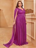 Plus V Neck Cloak Sleeve Sequin A Line Dresses