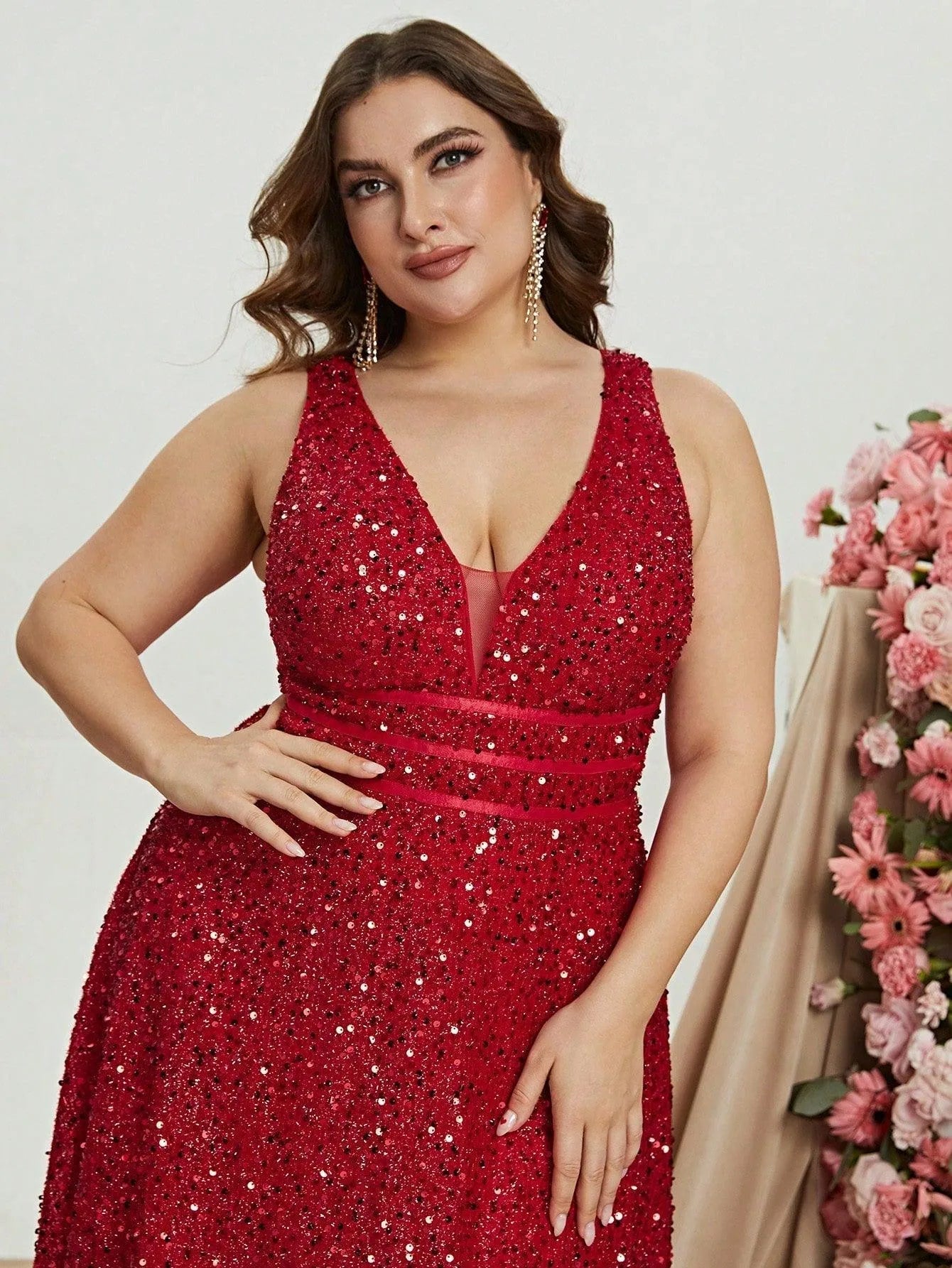 Plus Corset Deep V Neck Sequin A Line Dresses - Elonnashop