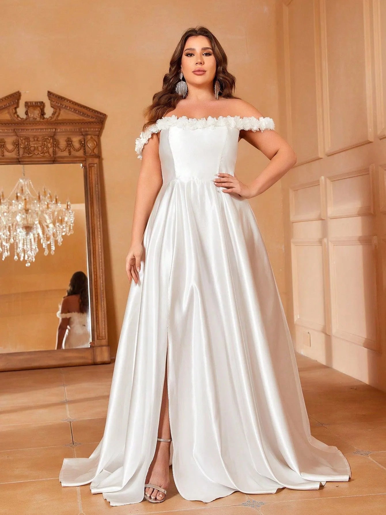 Plus Off Shoulder Floral Applique Satin Wedding Dress - Elonnashop