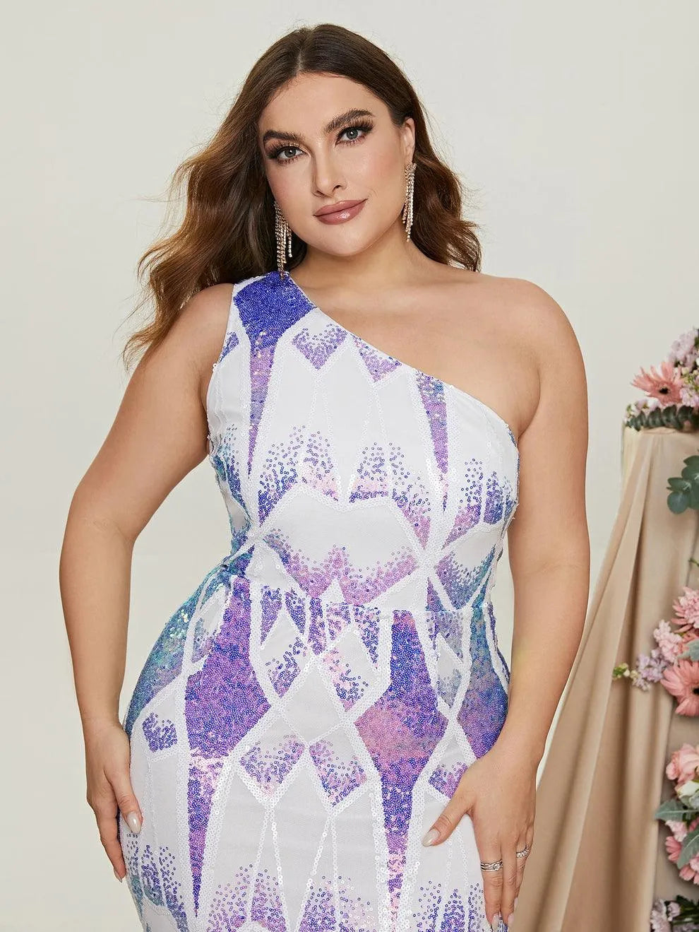 Plus Size One Shoulder Sleeveless Slit Prom Dresses - Elonnashop