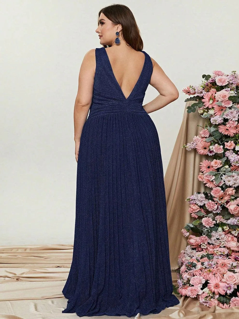 Plus Glitter V Neck Sleeveless Maxi A Line Pleated Gown - Elonnashop