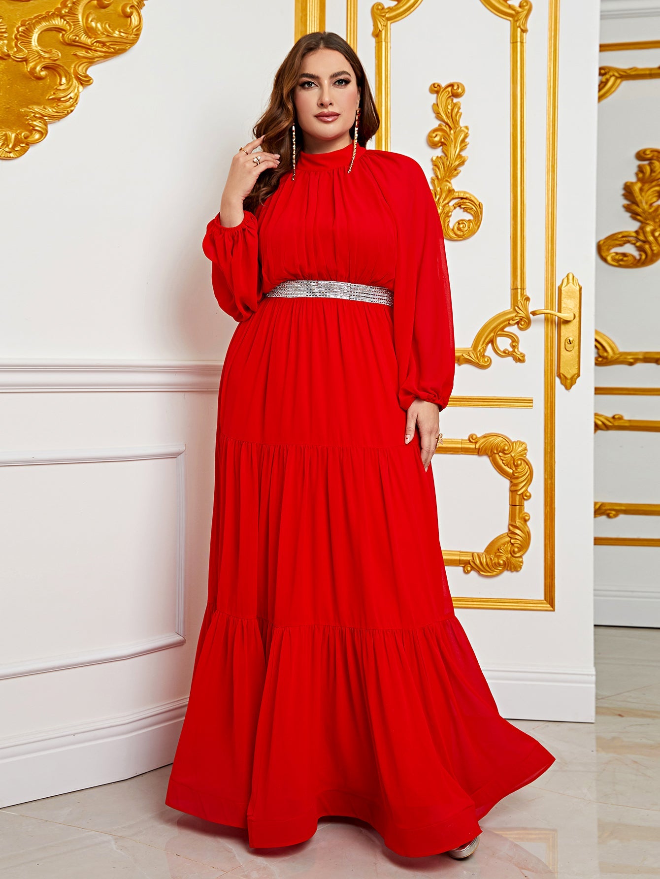Plus Chiffon Mock Neck Evening Gown with Tiered Ruffles Structured Red / 2XL Plus Chiffon Mock Neck Evening Gown with Tiered Ruffles Structured Red / 2XL