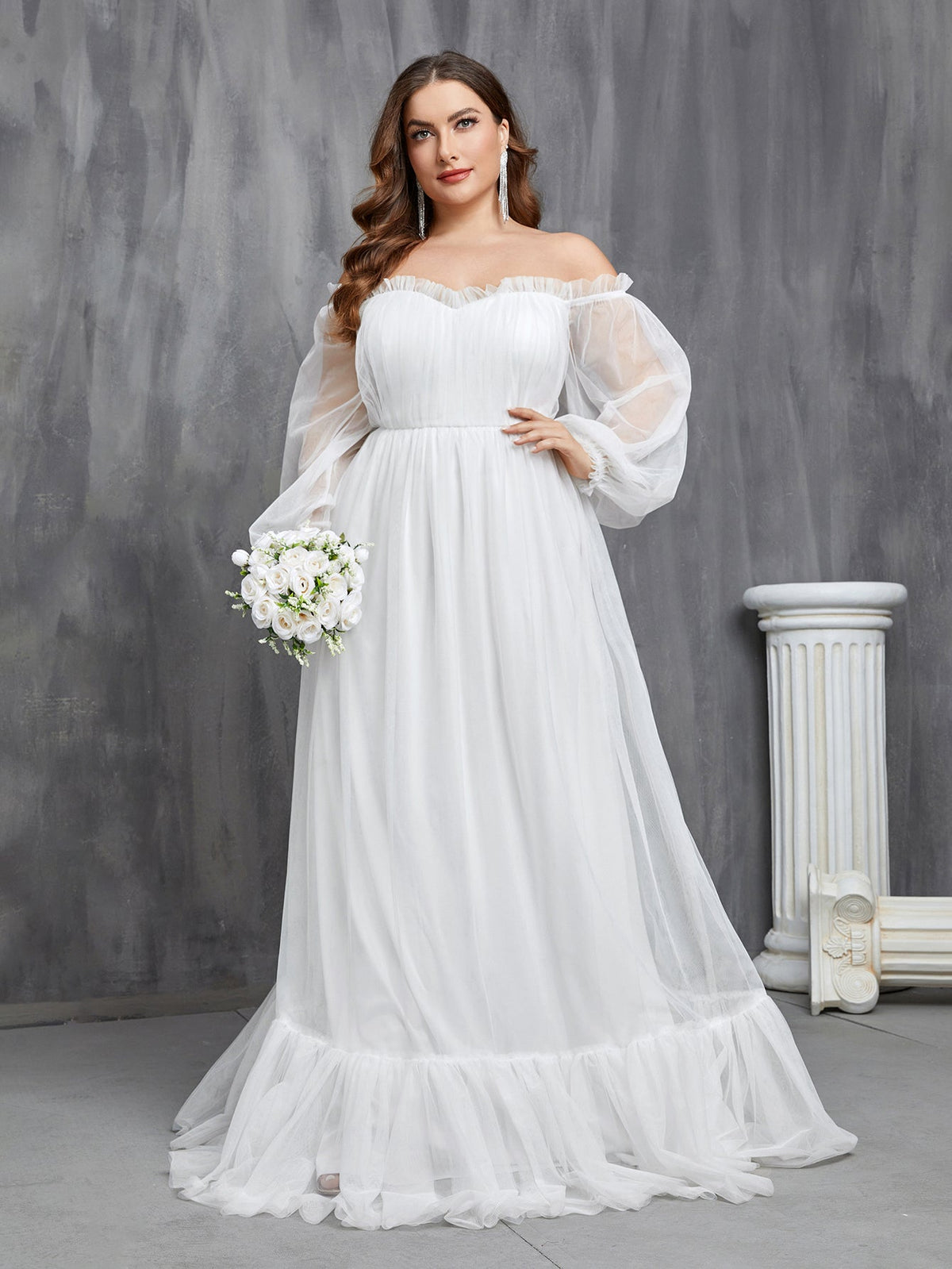 Plus Off Shoulder Lantern Sleeve Mesh Wedding Dress