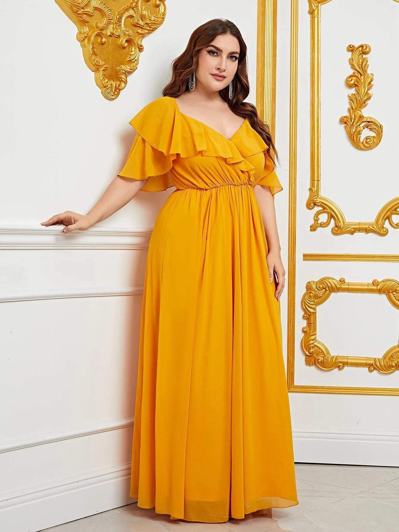 Plus Sweetheart Neck Ruffle Trim Chiffon A Line Dress Yellow / 5XL Plus Sweetheart Neck Ruffle Trim Chiffon A Line Dress Yellow / 5XL