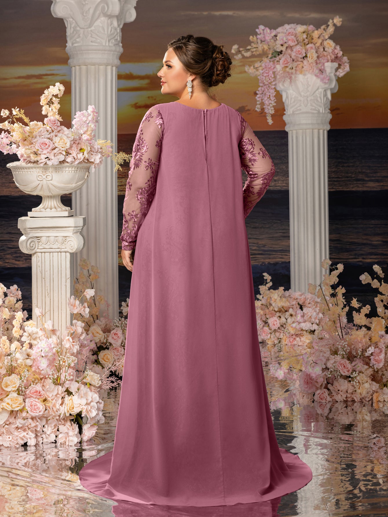 Plus Womens' Elegant Lace Mermaid Gown - Sheer Sleeves & Intricate La Mauve / 1XL Plus Womens' Elegant Lace Mermaid Gown - Sheer Sleeves & Intricate La Mauve / 1XL