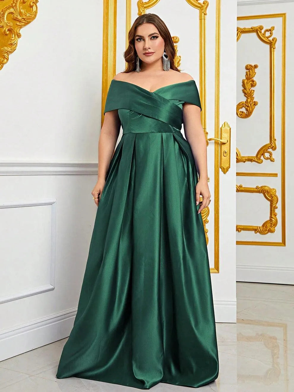 Plus Elegant Off Shoulder Satin A Line Prom Dress - Elonnashop