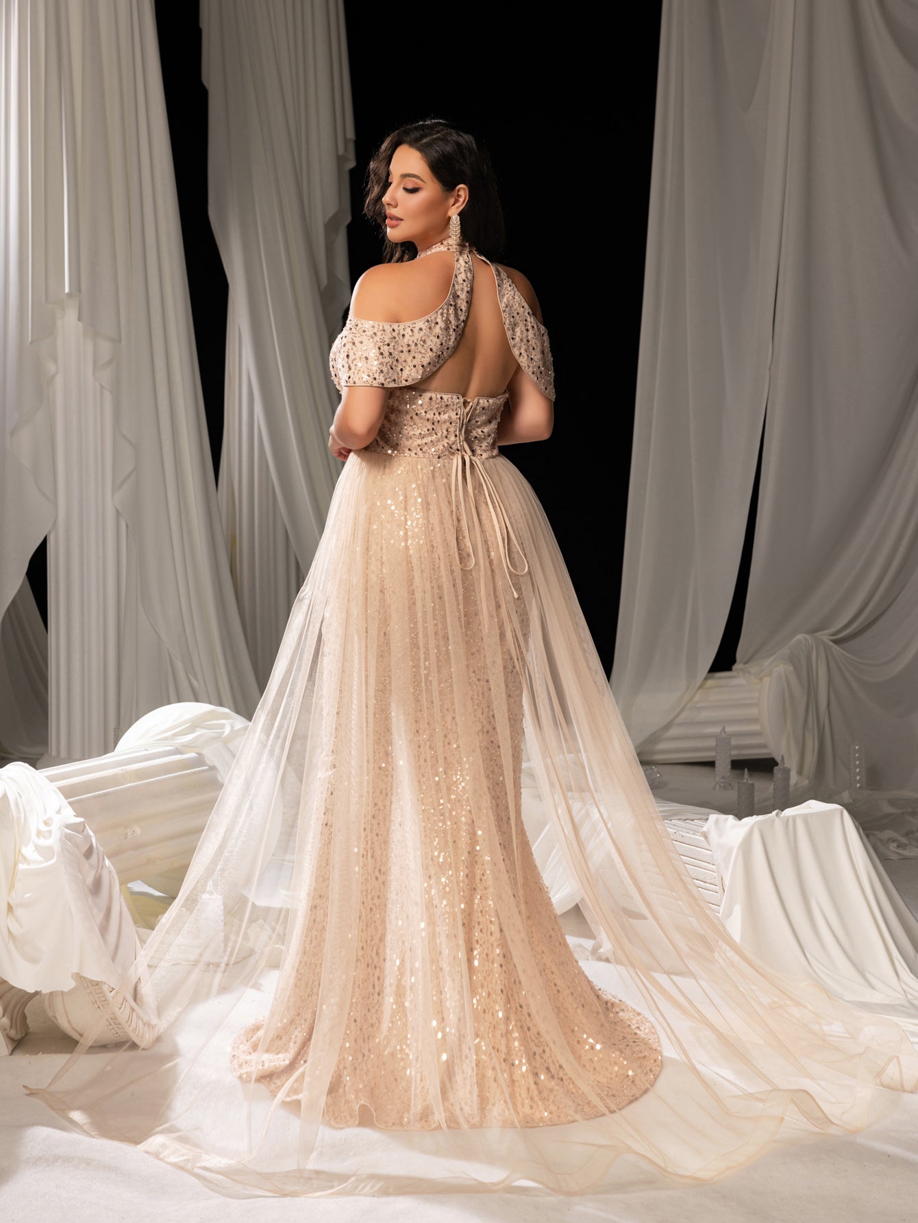 Plus Elegant Mesh Overlay Split Mermaid Hem Sequined Beaded Evening D Champagne / 3XL Plus Elegant Mesh Overlay Split Mermaid Hem Sequined Beaded Evening D Champagne / 3XL