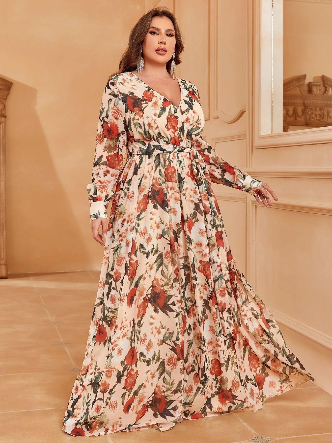 Plus V Neck Long Sleeve Floral Chiffon Belted Dress Apricot / 1XL Plus V Neck Long Sleeve Floral Chiffon Belted Dress Apricot / 1XL