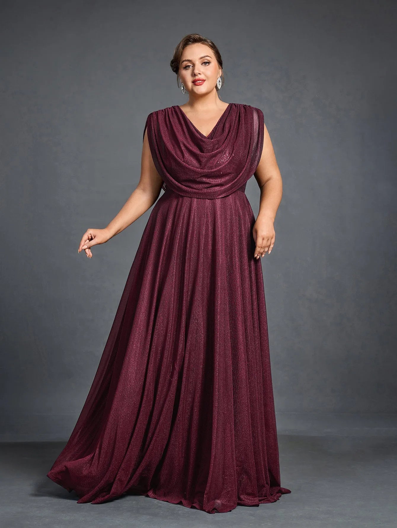 Plus Womens Cowl Neck Sleeveless A Line Formal Dress Burgundy / 3XL Plus Womens Cowl Neck Sleeveless A Line Formal Dress Burgundy / 3XL