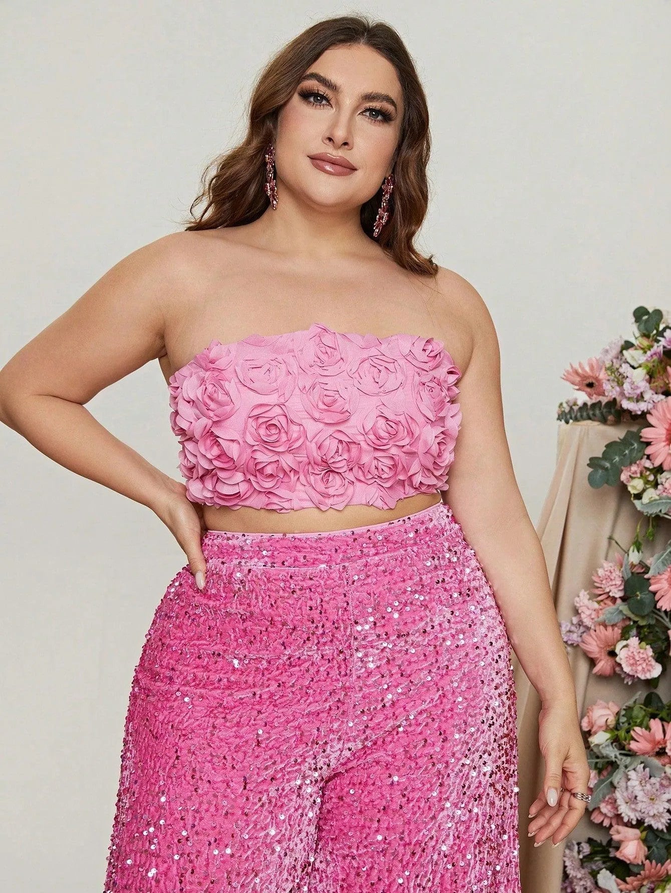 Plus 3D Flowers Tube Top & Sequin Wide Leg Pants - Elonnashop