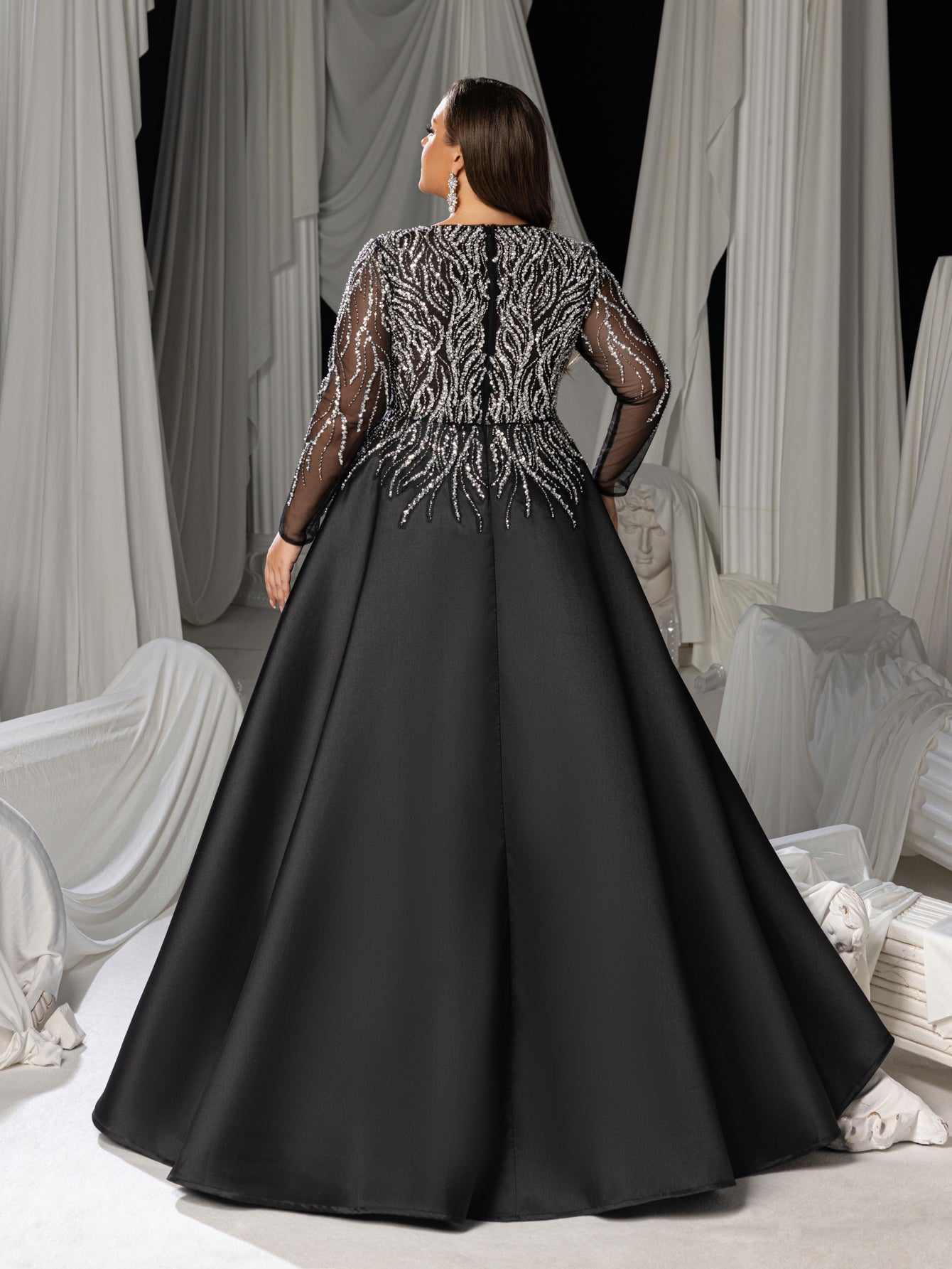 Plus Size Deep V-Neck Sequin Illusion Evening Gown - Satin Formal Dre Black / 3XL Plus Size Deep V-Neck Sequin Illusion Evening Gown - Satin Formal Dre Black / 3XL