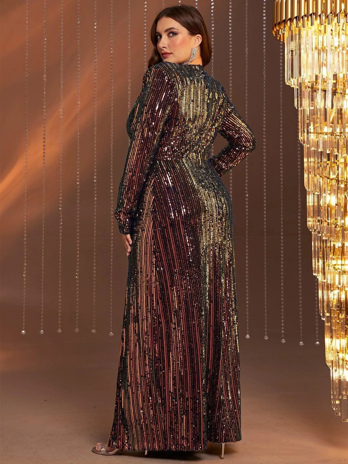 Plus Size V Neck Long Sleeve Sequin Slit Dresses - Elonnashop