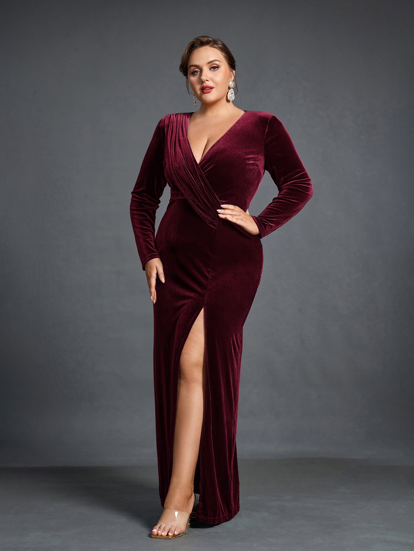 Plus Elegant V Neck Long Sleeve Velvet Slit Dress Dark Green / 4XL Plus Elegant V Neck Long Sleeve Velvet Slit Dress Dark Green / 4XL