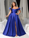 Plus Off-Shoulder Evening Gown with 3D Floral Appliqué | High Thigh Slit & Laced Back
