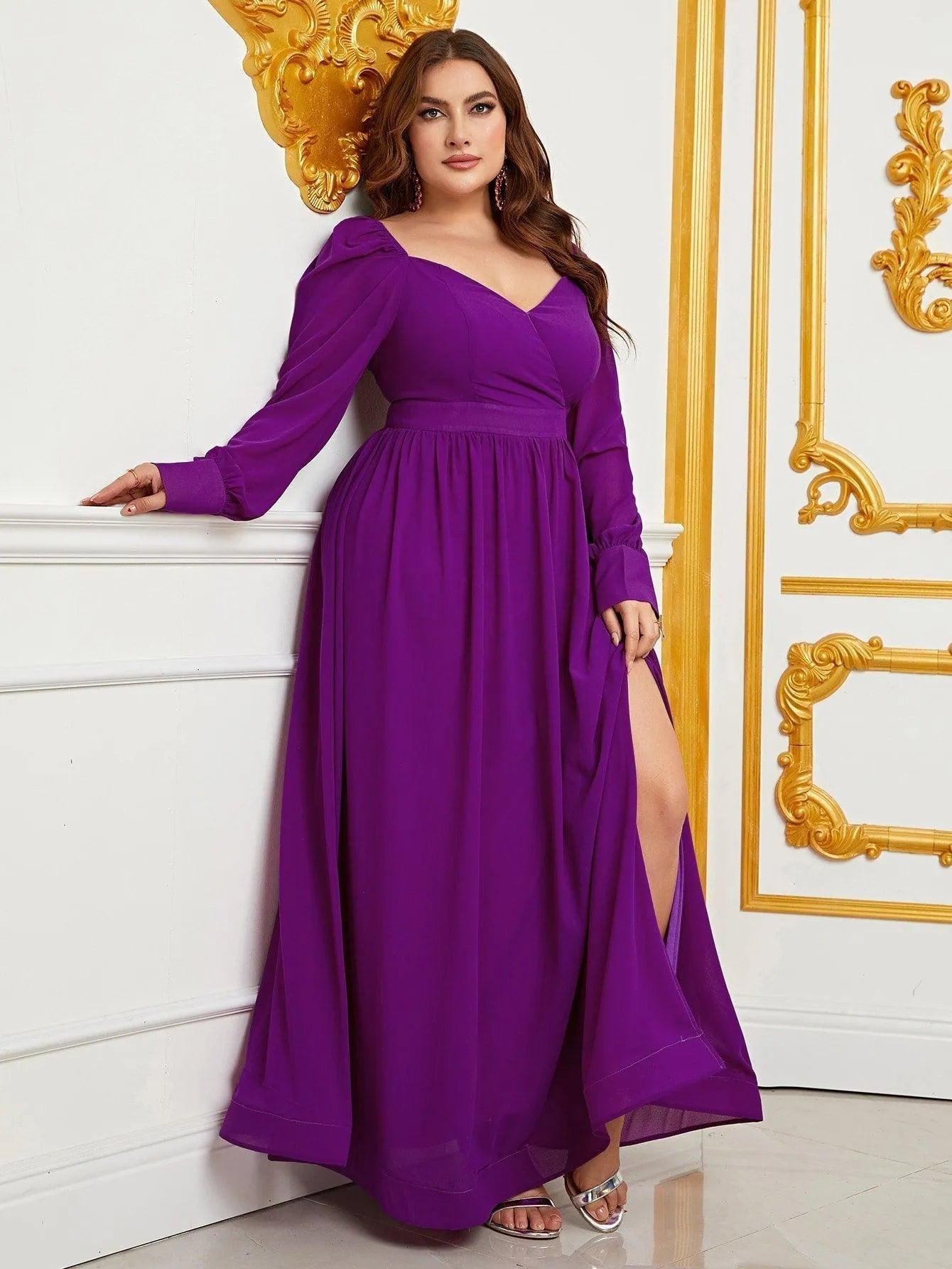 Plus Sweetheart Neck Backless Long Sleeve Chiffon A line Dress - Elonnashop