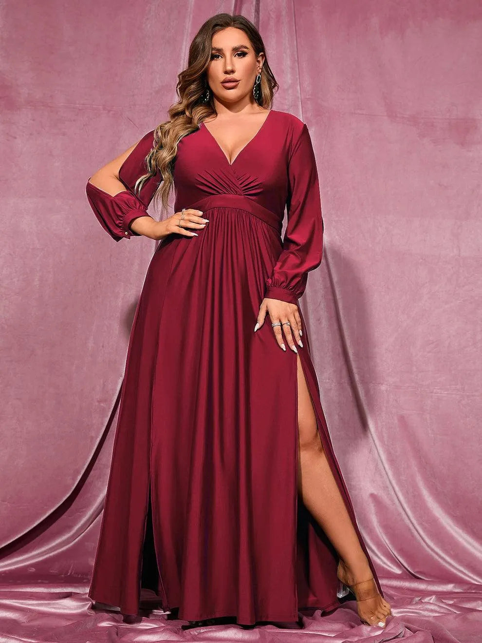 Plus Plunging Neck Lantern Sleeve High Slit Dress - Burgundy / 1XL Plus Plunging Neck Lantern Sleeve High Slit Dress - Burgundy / 1XL