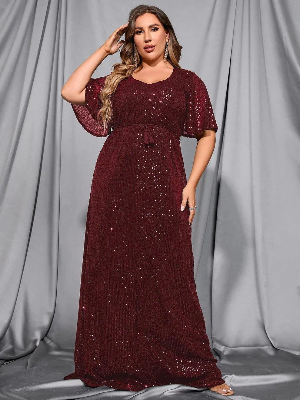 Plus Butterfly Sleeve Sequin Prom Dress - Elonnashop