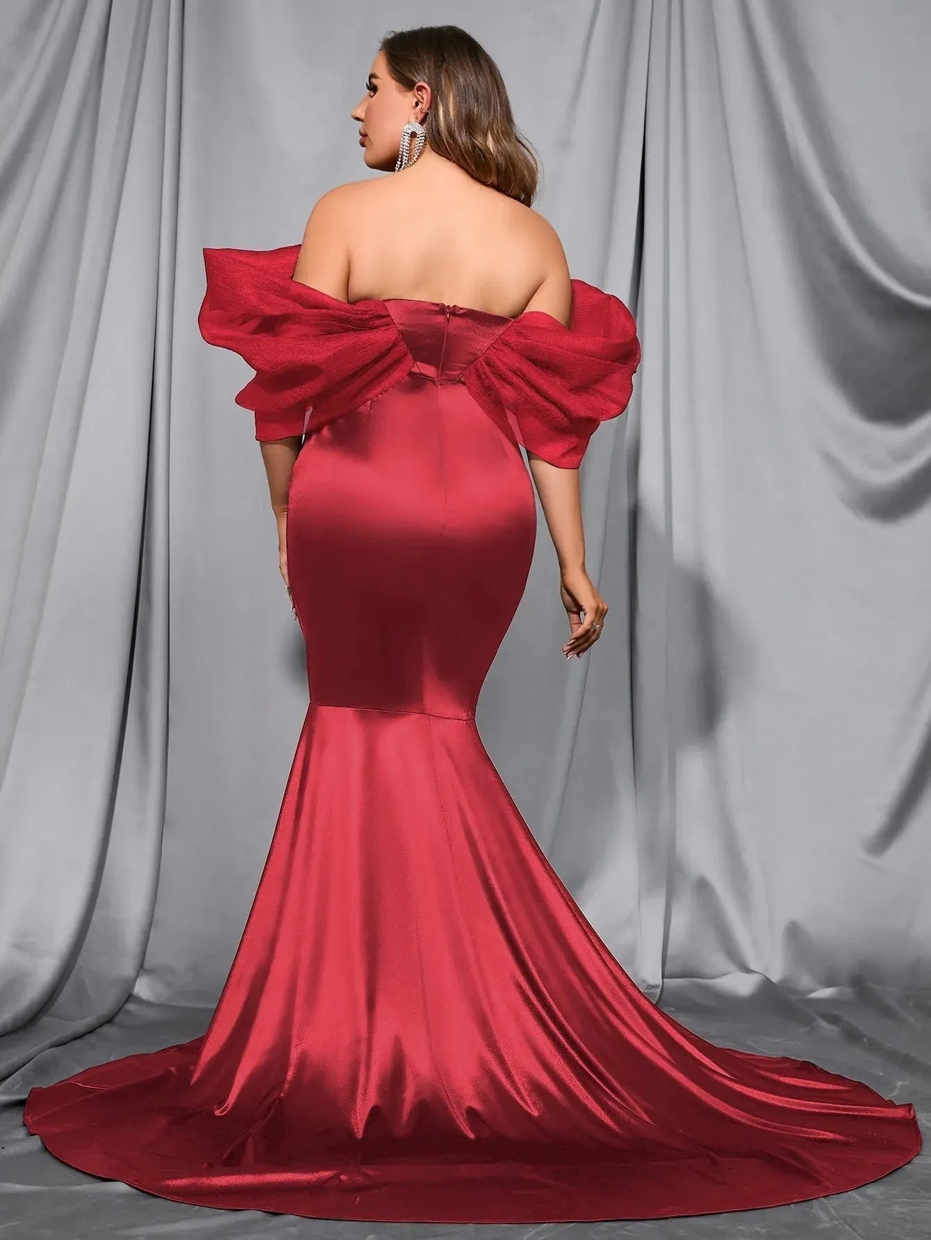 Plus Off Shoulder Cap Sleeves Satin Mermaid Dress