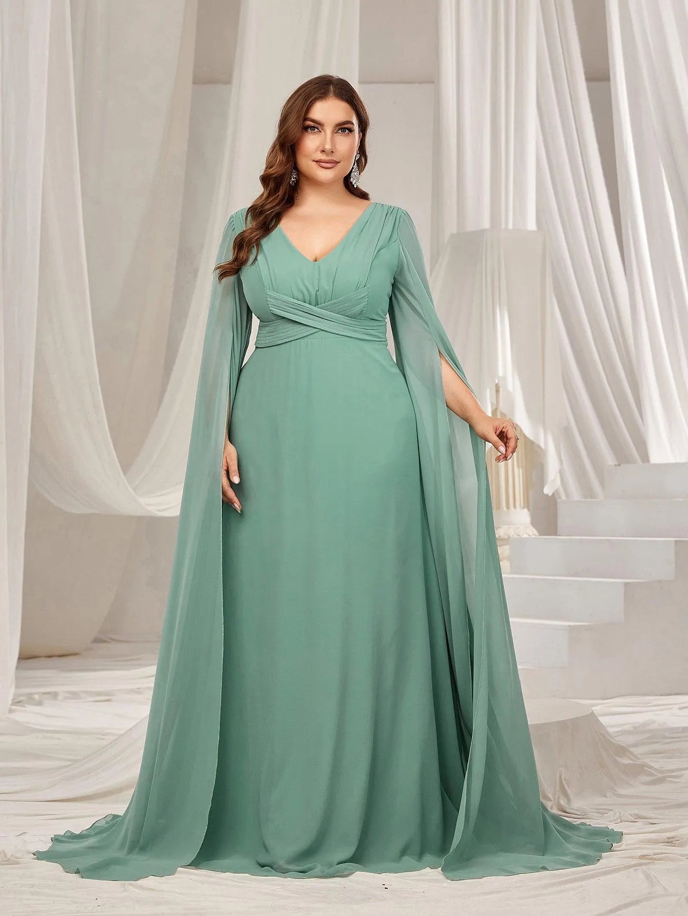 Plus Solid Ruched Front Extra-Long Sleeves Chiffon Prom Dress - Elonnashop