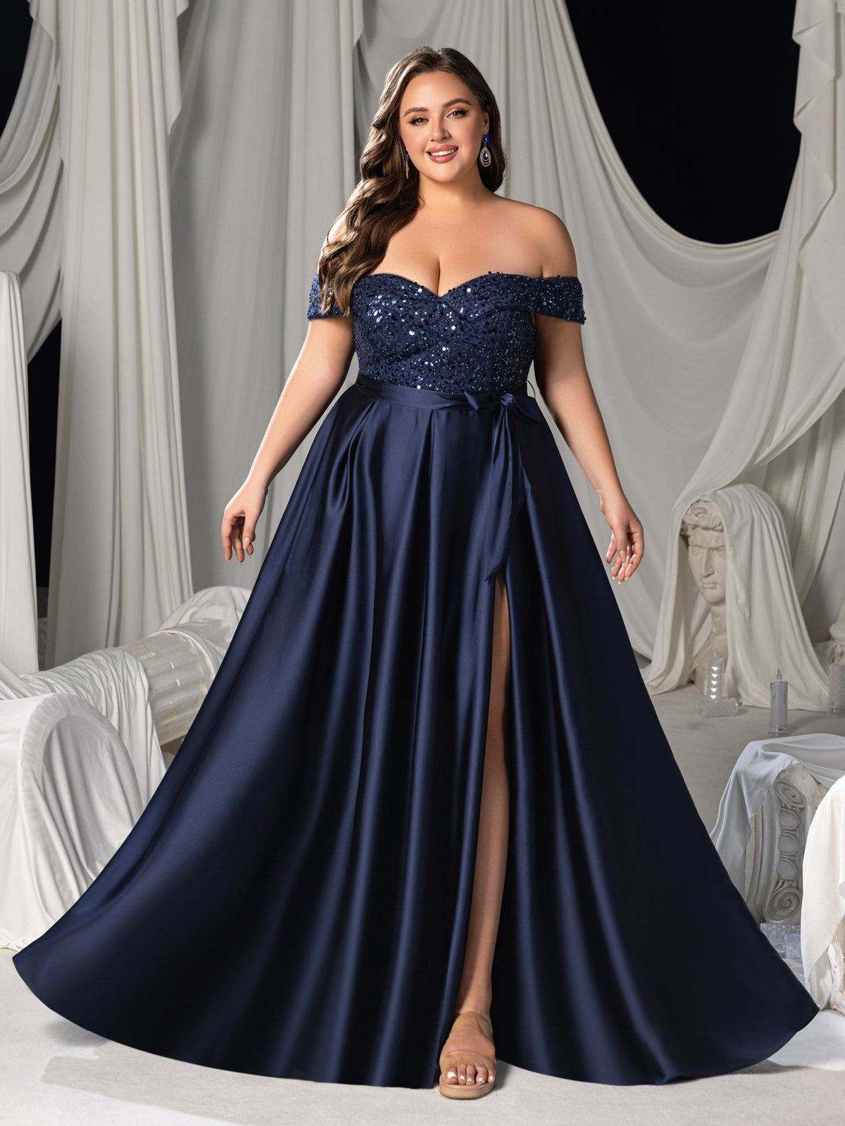 Plus Elegant Off-Shoulder Evening Gown with Sequin Embellishments â€?High Slit Satin Skirt & Back Zipper for Luxury Weddings or Evening Glam