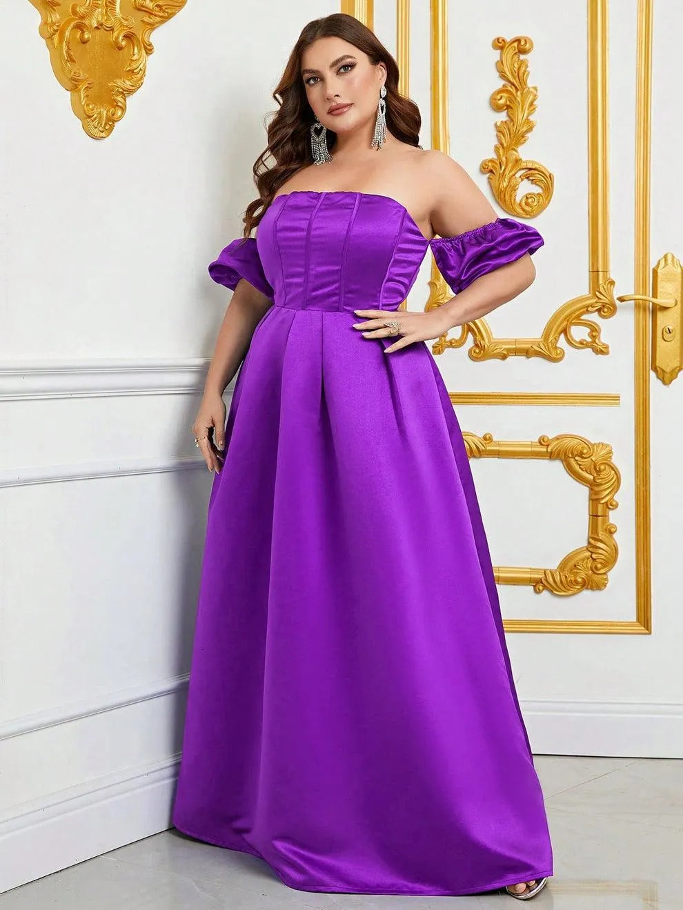 Plus Off Shoulder Puff Sleeves Ruched Bust Satin Prom Dress - Elonnashop