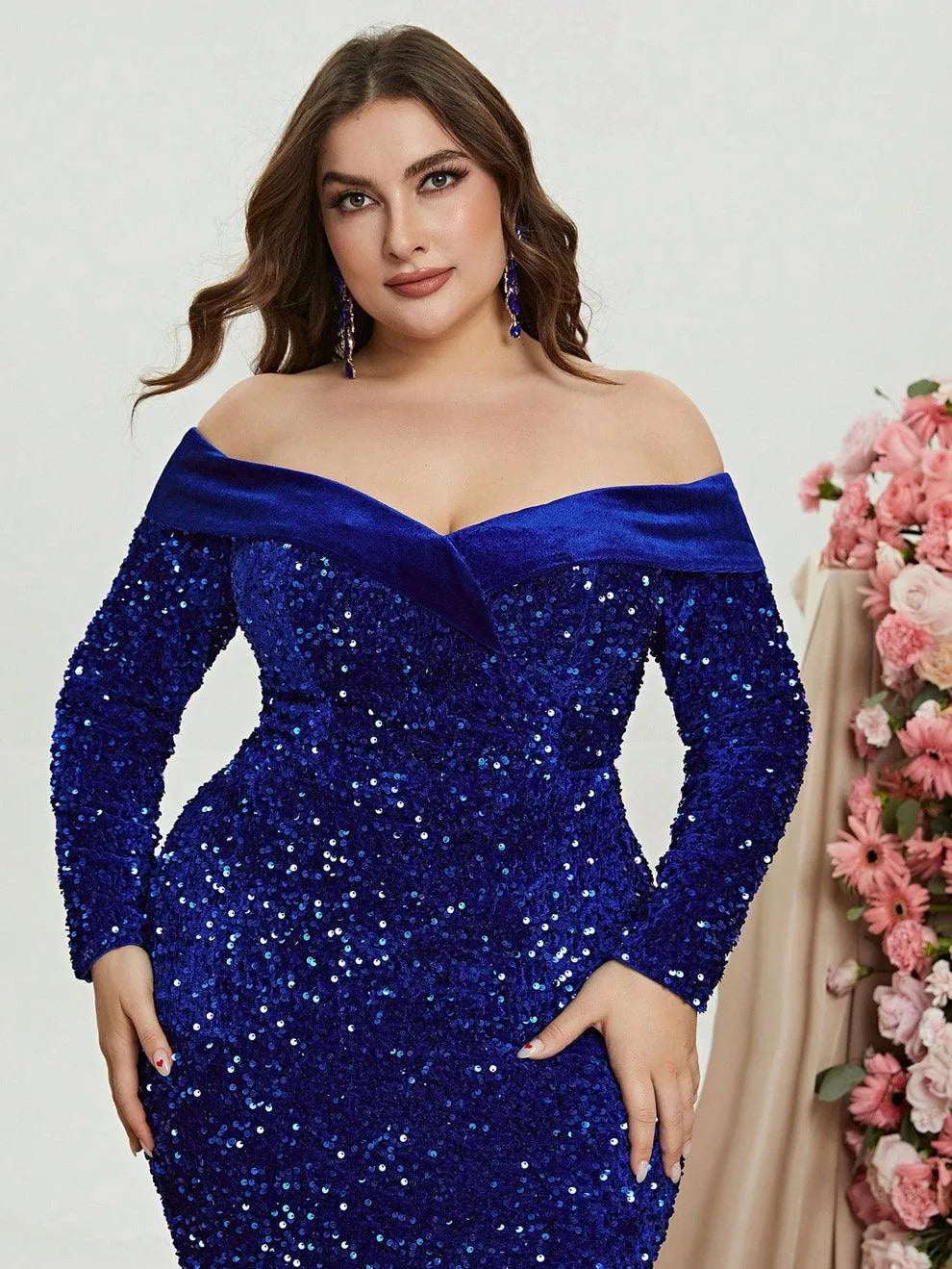 Plus Off Shoulder Long Sleeve Sequin Mermaid Dresses - Elonnashop