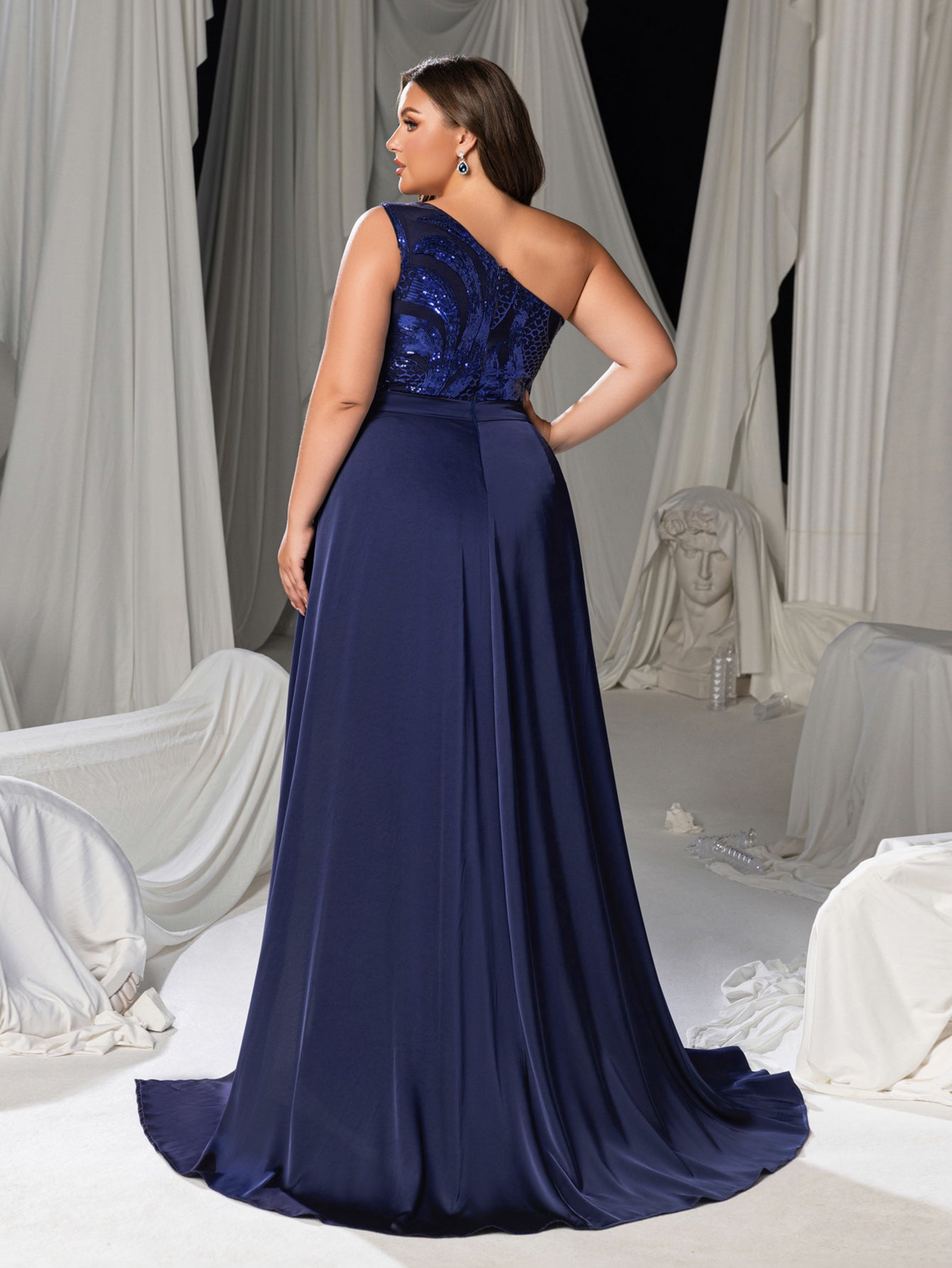 Plus Size Gorgeous One-Shoulder Sleeveless Sequin Formal Dress Navy Blue / 3XL Plus Size Gorgeous One-Shoulder Sleeveless Sequin Formal Dress Navy Blue / 3XL
