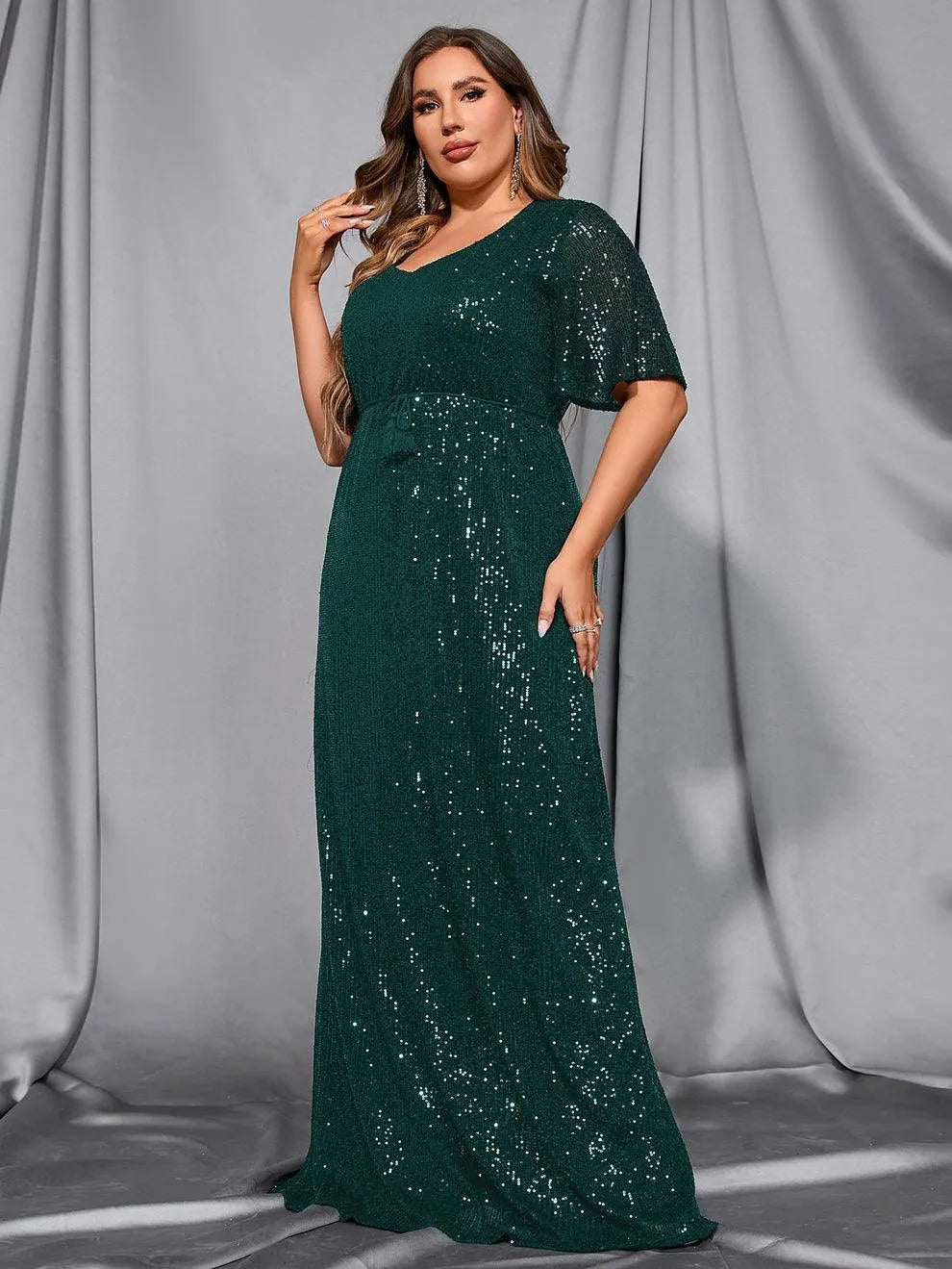 Plus Butterfly Sleeve Sequin Prom Dress - Elonnashop