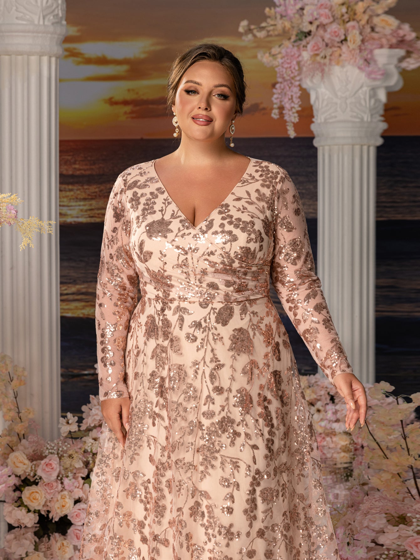 Plus Womens' Elegant V-Neck Evening Gown with Delicate Lace & Silver Embroidery – Long Flowing Skirt for Seaside Weddings & Romantic Beach Events