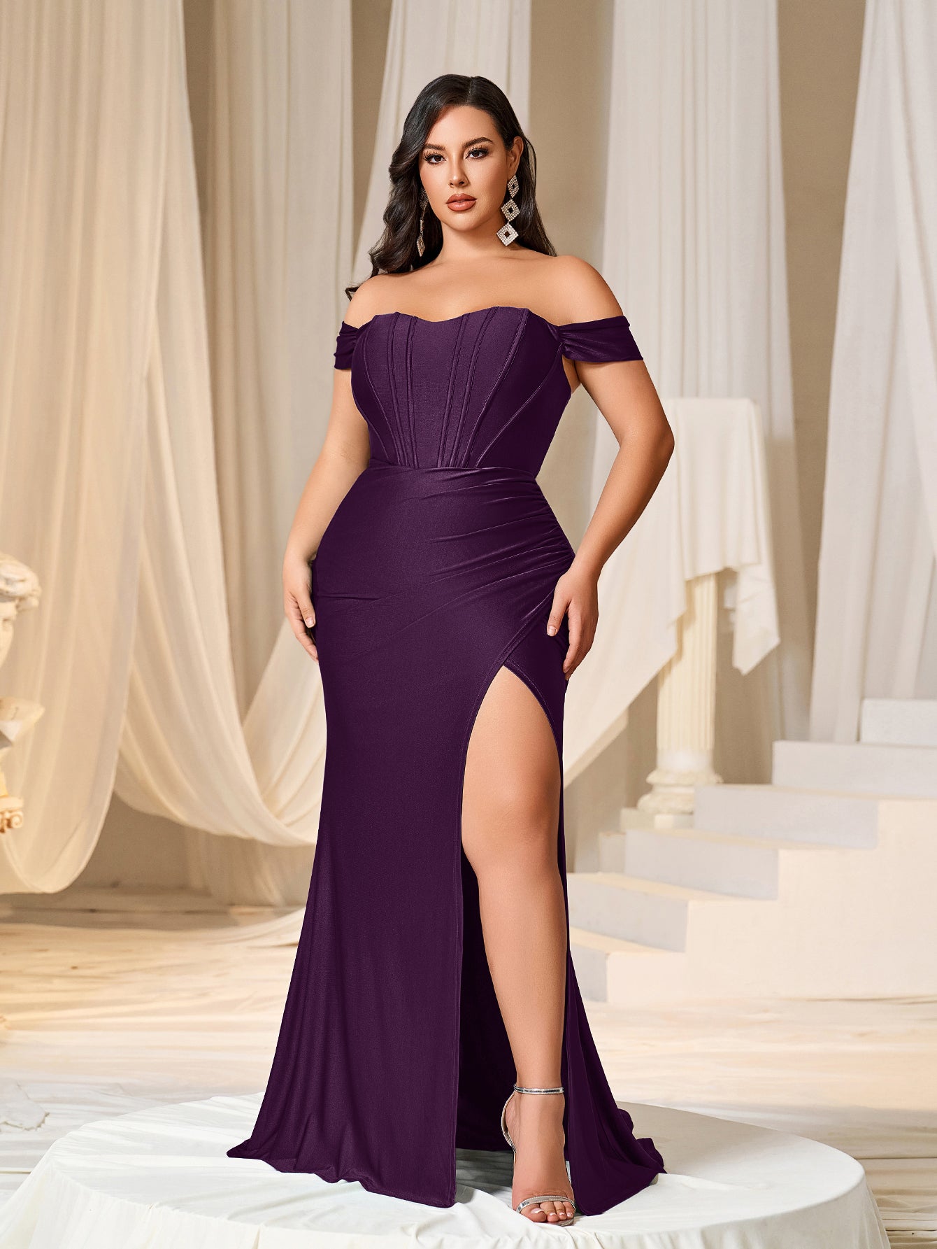 Plus Off Shoulder Ruched Wrap Hem Party Dress – Curvepretty Plus Off Shoulder Ruched Wrap Hem Party Dress – Curvepretty
