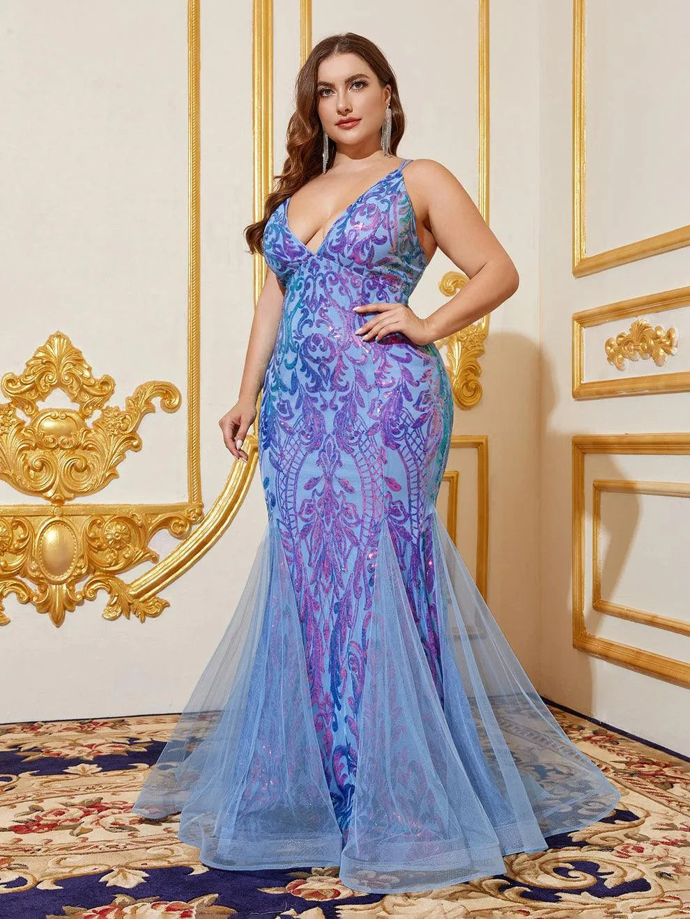 Plus Size Back Lace Up Sequin Mermaid Dress - Elonnashop